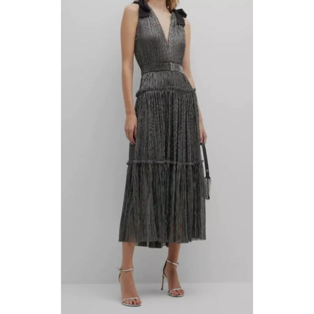 NWT Sabina Musayev Ray Silver Multicolor Tiered  Bow Sleeve Maxi Dress XS